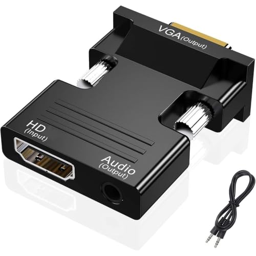 HDTV(19-Pin Port) to VGA Adapter, HD 1080P Audio Video Converter with 3.5mm Jack,Gold-Plated Connector (Female to Male) for desktops,laptops,PCs,Monitors,projectors,HDTVs,Raspberry Pi,Roku,etc