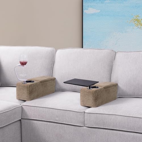 Multifunctional Sofa Armrest, Couch Armrest with Wireless Charge Stand, Removable Couch Caddy with Storage,Including LED Reading Light - color: Latte, size: Fabric-1 CUP