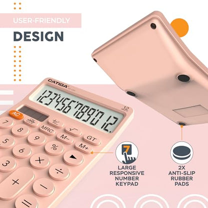 CATIGA 12 Digit Desktop Calculator Basic Desk Calculator with Large LCD Display, Big Buttons, 4 Function, Solar and Battery Dual Power, for Office, School, Home, SD-1292 Pink - color: 3) Pink