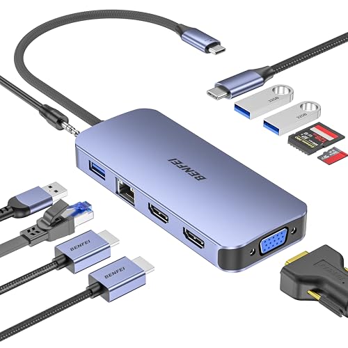 BENFEI 11-in-1 USB C Hub Triple Display Docking Station Dual HDMI, VGA, 3*USB 3.0, 1Gbps Ethernet, 100W Power Delivery, SD/TF Card Reader, 3.5mm AUX Audio Compatible with MacBook XPS Surface - color: Grey, size: 11-in-1