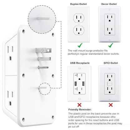 Wall Outlet Extender with Night Light, Power Plug Adapter 6 Outlet Extender with 4 USB Charging Ports 1050J Power Strip Multi Plug Adapter Spaced for Home Travel Office (2U2C)-ETL - color: White-1Pcs