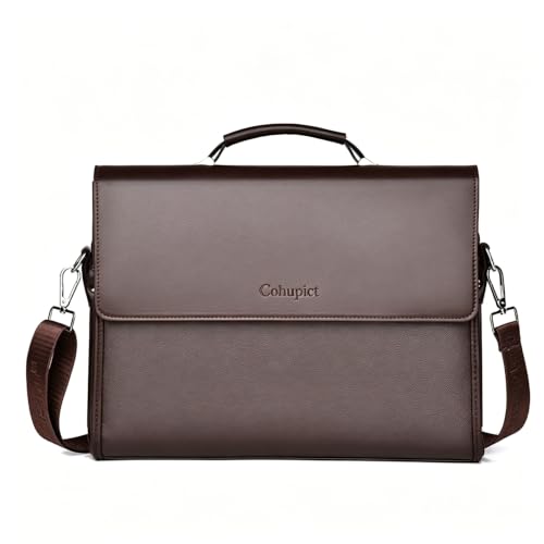 Men‘s Briefcase 14 inch Laptop Bag, Handheld & Crossbody with Detachable Strap, Multiple Compartments, Water-Resistant - color: Brown