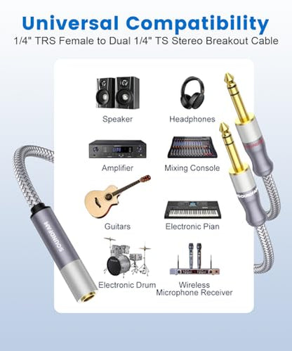 1/4" Splitter Cable 2 Feet/60CM,Microphone Splitter 1 Female to 2 Male TRS 1/4 inch Splitter 6.35mm Stereo Female Plug to Dual 6.35mm Male-Grey - size: 2ft/60CM-1PACK, style: 1/4" Splitter 1 Female to 2 Male