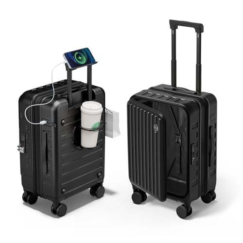 Expandable Lightweight PC Hard Shell Suitcase, 20-inch Carry On Luggage with TSA Lock, 360 Silent Spinner Wheels, Top Opening & Cup Holder - Ideal for Business Travel Suitcase (Black) - color: Black, size: Carry-on 20-Inch