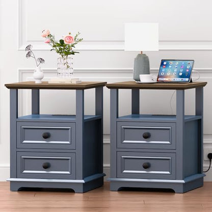 18" Wide End Table with Fast Charging Station Set of 2, 18” Wide Sofa Side Table with Drawers,End Table with Drawers for Living Room,Blue - color: Dark Blue, size: 1 Set
