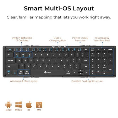 iClever Foldable Bluetooth Keyboard with Number Pad, BK09 Portable Compact Travel Keyboard, USB-C Rechargeable Wireless Folding Keyboard for iPad, iPhone, Android, Windows, Mac Laptop