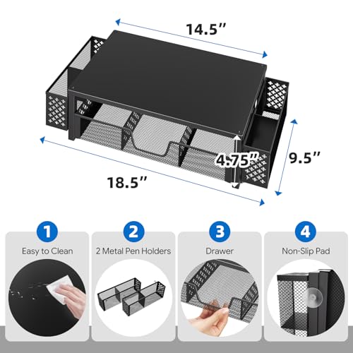 Simple Trending 2-Tier Desk Organizer, Computer Monitor Stand Riser, Black | Metal Laptop & Printer Stand, Desktop Organizer with Drawer & 2 Pen Holders, Anti Slip Pads, 18.5"W x 9.5"D x 4.75"H - size: 18.5"W x 9.5"D x 4.75"H