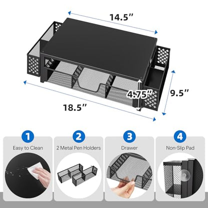 Simple Trending 2-Tier Desk Organizer, Computer Monitor Stand Riser, Black | Metal Laptop & Printer Stand, Desktop Organizer with Drawer & 2 Pen Holders, Anti Slip Pads, 18.5"W x 9.5"D x 4.75"H - size: 18.5"W x 9.5"D x 4.75"H