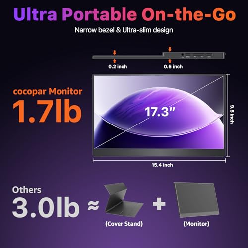 cocopar Portable Monitor 17.3 Inch 4K UHD 60Hz 150% sRGB Travel Monitor with Speaker HDMI USB-C Second Screen for Laptop MacBook Surface PC Xbox PS4/5, VESA Mountable, with Kickstand - size: 17.3 Inch