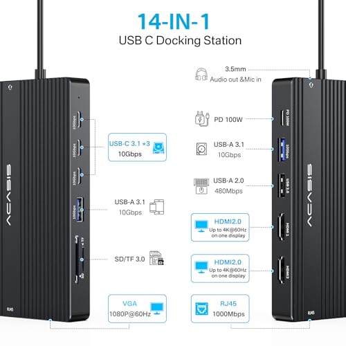 USB C Docking Station Dual HDMI Monitor, Laptop Docking Station 3 Monitors, 2 * 4K HDMI+1080p VGA+100W PD+Ethernet+3 USBC 10Gbps+SD/TF+Audio Adapter, USB C Hub for Dell/Lenovo/HP/ThinkPad(Black) - color: Black