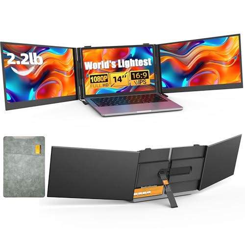 14" Triple Laptop Screen Extender - Ultra Thin & Lightweight (2.2lb) Portable Monitor For Laptop, FHD 1080P Travel Display 13-17" Laptops, Plug & Play USB-C/HDMI, Aluminum Extended Screen for Mac/Win - color: 14" Ultra Thin 2.2lb