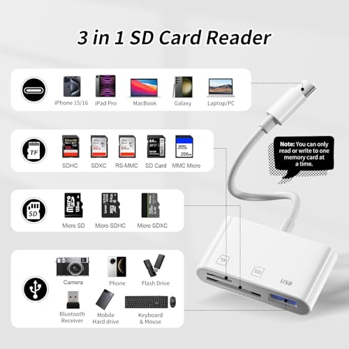 3IN1 SD Card Reader,USB C SD Card Reader,supports SD and MicroSD memory card adapter(includes USB A female port),compatible with flash drives,iPhone 15/16,MacBook,Mac,Trail Camera viewer,Plug and play - size: 3IN1 SD Card Reader