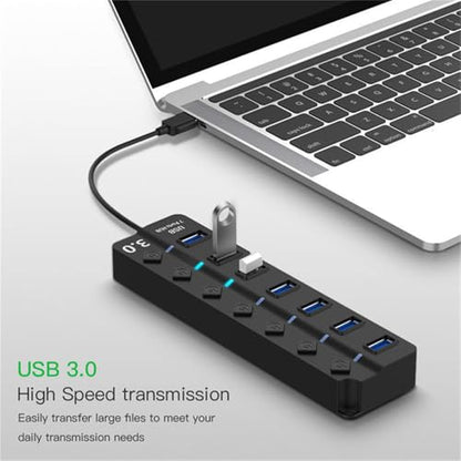 7-Port USB 3.0 USB-Hub with Individual On/Off Switches, High Speed USB Splitter, for Laptop PC Computer and USB Peripherals