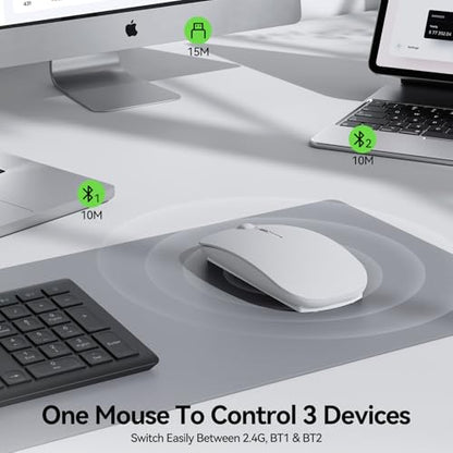 TECKNET Bluetooth Wireless Mouse, Rechargeable Silent Portable Computer Mouse, 6 Adjustable DPI, Dual Mode (Bluetooth 5.2/3.0 and 2.4G USB Receiver) for Laptop, iPad, MacBook, PC, Desktop, Android - color: white