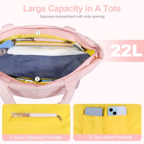 NOL Large Puffy Quilted Tote Bag for Women, Lightweight with Removable Strap & Zippered Compartments for Travel & Work - color: Pink