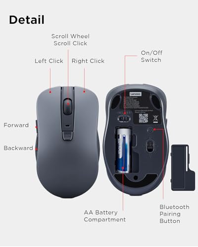 Lenovo Bluetooth Silent Mouse (WL300) - 5 Button Computer Mouse with Silent Left & Right Click – Sculpted Grip, Microsoft Swift Pair, Up to 1600 DPI (Grey) - color: WL300 Grey