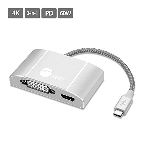 SIIG USB-C to HDMI, DVI and VGA Adapter with 60W PD, CB-TC0911-S1 | Connect a USB-C laptop to HDMI, DVI or VGA displays; 60W pass-through charging supports compact presentation setups.