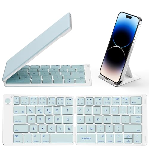 Samsers Bluetooth Foldable Keyboard, Wireless Portable Folding Keyboard, Full-Size Ultra-Slim Rechargeable Connect Up to 3 Devices for iOS Android Windows Phone Tablet and Laptop, Blue - color: Sky Blue, size: BT x 3