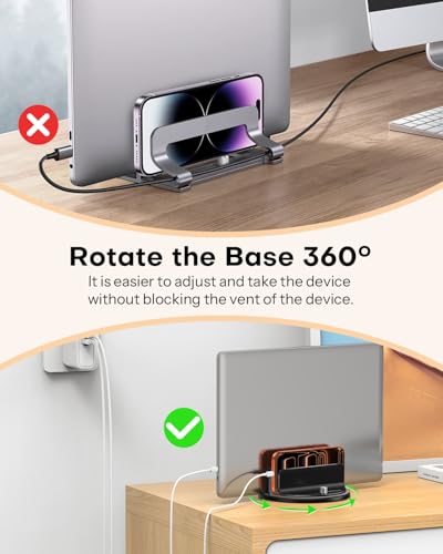 OMOTON VL04 360° Rotating Vertical Laptop Stand Holder, Aluminum Dual-Slot Desk Organizer for MacBook & iPad, Sides Knob Adjustment (No Lost Screws), Holds Laptop, Tablet & Keyboard, Fits up to 17.3"