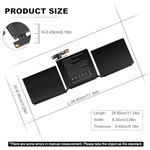 A1708 A1713 Battery for A2171 A2159 A2289 A2338, Compatible with MacBook Pro 13 Inch (Late 2016, Mid 2017, Mid 2019, 2020), EMC 2978 3301 3456 3578 3164 020-00946 MacBookPro13,1 14,1 - 11.4V 54.5Wh - size: 11.34*3.29*0.18inch A1713