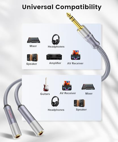 Microphone Splitter 2 Feet/60CM TRS 1/4 inch Splitter 1 Male to 2 Female, 6.35mm Stereo Male Plug to Dual 6.35mm Female-Grey (1PACK) - size: 2ft/60CM-1PACK, style: 1/4" Splitter 1 Male to 2 Female