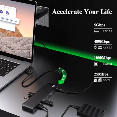 USB C Docking Station Minthouz 12-in-1 Docking Station 3 Monitors, USB Hub with DisplayPort/HDMI/VGA, PD, USB 2.0/3.0, Gigabit Ethernet, SD/TF, Audio Jack USB C Dock for Windows & Mac