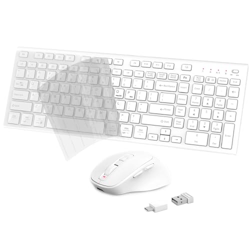 Rechargeable Wireless Keyboard and Mouse, with Number Pad White | Quiet Silent, Slim Thin Flat Low Profile Soft Key, USB C, with Skin Cover, Ergonomic Mouse, for Mac Windows PC, Home Office - color: White