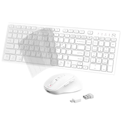 Rechargeable Wireless Keyboard and Mouse, with Number Pad White | Quiet Silent, Slim Thin Flat Low Profile Soft Key, USB C, with Skin Cover, Ergonomic Mouse, for Mac Windows PC, Home Office - color: White