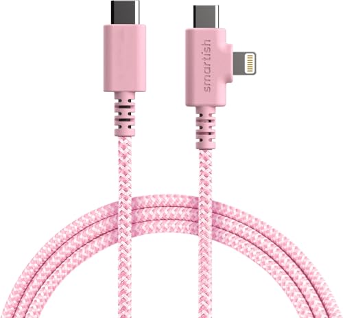 Smartish 2 in 1 USB C to USB C/Lightning Cable - Crown Joule - 6 Ft Fabric Wrapped Fast Charging Cord - for iPhone, Galaxy, Pixel - 100W Dual Fast Charger for Phones/Laptops - I'm Blushing - color: I'm Blushing, size: USB-C to USB-C/Lightning
