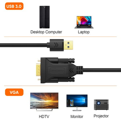 CableCreation USB 3.0 to VGA Cable 6 Feet, VGA to USB Adapter Cord 1080P @ 60Hz, External Video Card, Only Support Windows 10/8.1/8 / 7 / macOS (NO XP/Vista), Black
