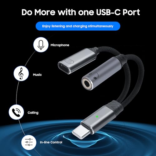 1-to-2 USB-C to 3.5mm headphone/USB-C PD100W charger adapter. (Gray) - color: Grey