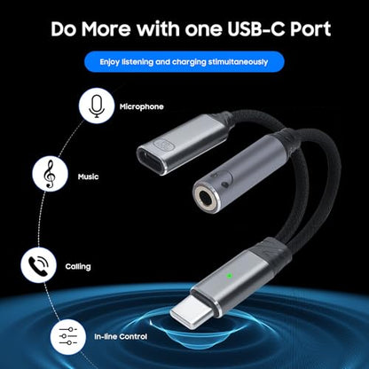 1-to-2 USB-C to 3.5mm headphone/USB-C PD100W charger adapter. (Gray) - color: Grey