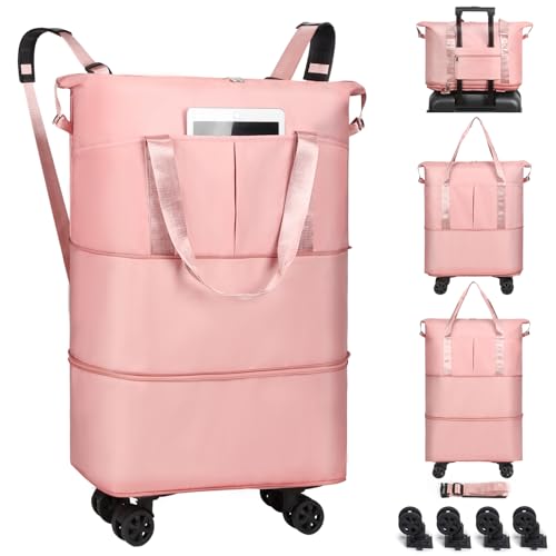 VOOWO Duffel Bag with Wheels - Rolling Foldable Expandable Duffle bags for Travel, Rolling Under Seat Luggage Carry On Travel Bag, Large Wheeled Overnight Weekender Bag (Pink) - color: Pink