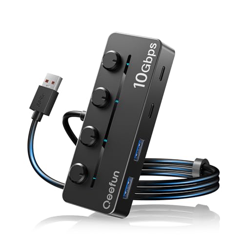 Qeefun 4-Port USB 3.2 Hub with 2 USB-C and 2 USB-A Ports, Individual LED Power Switches,10Gbps Data Transfer USB Splitter with 4ft Extension Cable, Multiple USB Extender for Laptop, PC, iMac etc - style: A to 2A+2c 3.2
