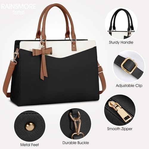 RAINSMORE Laptop Bag for Women 15.6 Inch PU Leather Tote Bag Professional Business Office Work Bag Waterproof Briefcase Computer Tote Bag Large Capacity Lightweight Handbag Shoulder - color: Black-beige-dark Brown