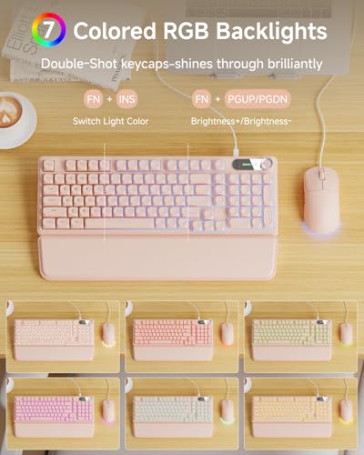 EWEADN Wired Keyboard and Mouse Combo with Detachable Wrist Rest, Quiet Ergonomic Keyboard Mouse Set with Multimedia Knob, RGB Backlit, Double-Shot Keycaps Natural Typing for Laptop, PC - Peach - color: Peach