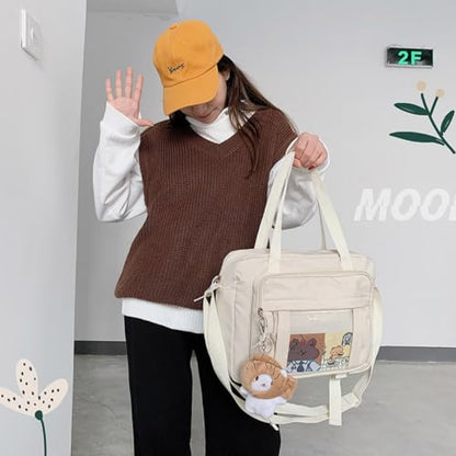 Kawaii Crossbody Ita Bag for Women with Pin & Plush Bear - Japanese Messenger Bags Y2K Shoulder Purse - color: B Pro Beige (Fits 13.4" Laptop)