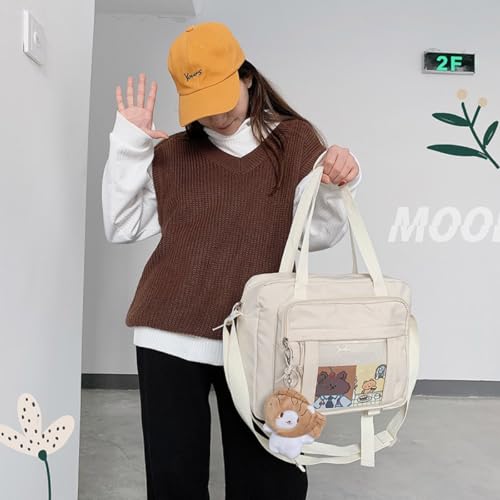 Kawaii Crossbody Ita Bag for Women with Pin & Plush Bear - Japanese Messenger Bags Y2K Shoulder Purse - color: C Max Beige (Fits 15.6" Laptop)