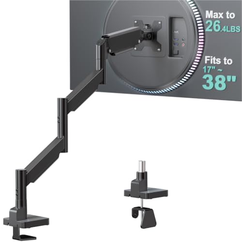 WALI Extra Long Single Monitor Arm for 17-38 inch Screens, up to 26.4 lbs | Tall Monitor Desk Mount, Full Motion with Tilt, Swivel, Rotation, C-Clamp/Grommet Base, VESA 75/100mm (GSMP001L), Black - color: Black (Single), size: 17" to 38"
