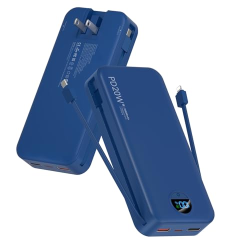 citicr Portable Charger 20000mAh PD20W w/Built-in Cables & Wall Plug Navy | High capacity, Fast charging, Built-in wall plug, LED display, Charge 5 devices at once, Pass through charging, TSA approved - color: Navy-20000mah