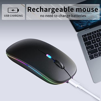 KANMABPC Wireless Bluetooth Mouse – Rechargeable, Silent, Dual Mode (Bluetooth 5.2 & USB) with LED Lights – Portable for Laptop, Desktop, & Tablet(Black) - color: Black