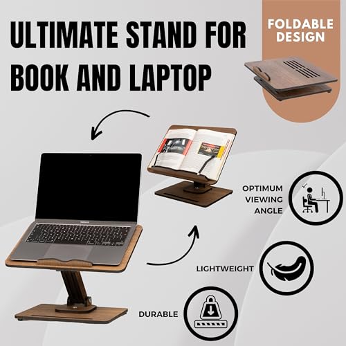 Vigo Wood Book Stand for Reading 360° Adjustable, Wooden Laptop Stand, Cookbooks Holder, Music Scores, Featuring Multi-Height Angles and Foldable Design with Page Clips.