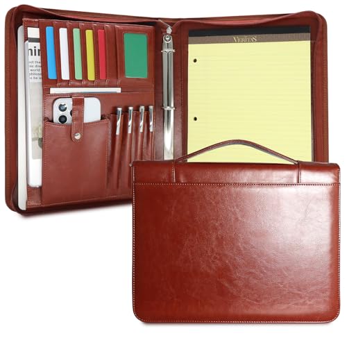 3-Ring Padfolio Organizer Binder, Portfolio with Handle | Faux leather folder fits Letter/A4 pads, 13.9 in tablet, cards and pens for work, meetings or daily commute. - color: Brown, size: Handle Portfolio(13.7"x11"x1.57")