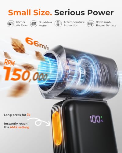 [Upgrade] DooGooCoo Compressed Air Duster, [Mini But Powerful] 150000RPM Brushless Motor & 8000Mah Powered Battary, Cordless 5 Speed Adjustable Blower for Computer, Keyboard, Home, Outdoor, Car & Bike