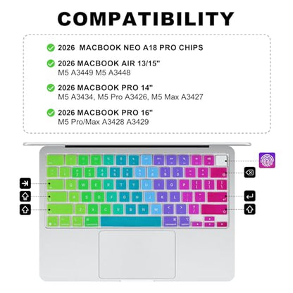 Allinside Keyboard Cover for 2026 MacBook Neo 13-inch A3404 (A18 Pro) & MacBook Air 13"/15" and MacBook Pro 14"/16" (M5 Chip), Premium Silicone Keyboard Protector Skin, US ANSI Layout, Rainbow - color: Rainbow