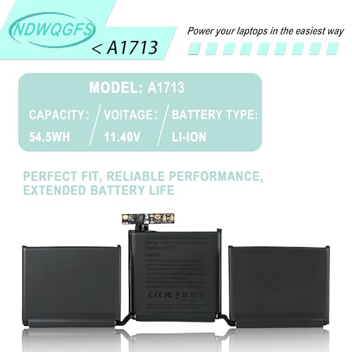 A1713 A1708 Battery for MacBook Pro 13 Inch A2171 (2016-2017) & A2159 A2289 A2338 (2019-2020) 11.4V 54.5Wh Li-Polymer Replacement Compatible with EMC 2978 3164 3301 3456 3578