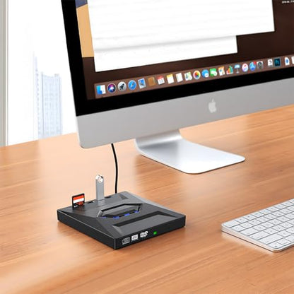 ROOFULL External CD DVD Drive with USB 3.0 Type-C Hub & SD Card Reader | 7 in 1 Portable CD/DVD ROM +/-RW Drive Burner Player Writer for Laptop Desktop PC Mac Windows 11/10/7 Linux - style: 7 In 1 Drive