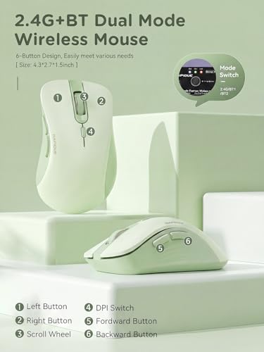 RAPIQUE Bluetooth Wireless Mouse, Dual Bluetooth & 2.4GHz, Sage Green | Right-Hand Ergonomic Grip, Quiet Clicks, Low Power, 3-device Switching, 6-button USB receiver for MacBook, Laptop, Computer - color: Sage Green