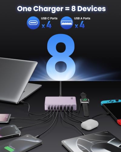 USB C Charger 200W USB C Charger Block,Upgraded GaN III 8-Port Fast Charging Station Hub,PD 65W Laptop Charging Adapter Compatible with MacBook Pro/Air,DELL,Steam Deck,iPhone 16/15/14,Galaxy S23/22 - color: Purple, size: 200W