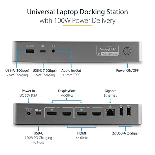 StarTech Hybrid USB-C USB-A Universal Dual 4K HDMI DP Dock for Mac, 100W | DisplayLink, 4-port 5Gbps hub, Gigabit Ethernet, audio, K-slot, for Windows, macOS, Ubuntu and ChromeOS, fast-charge ports